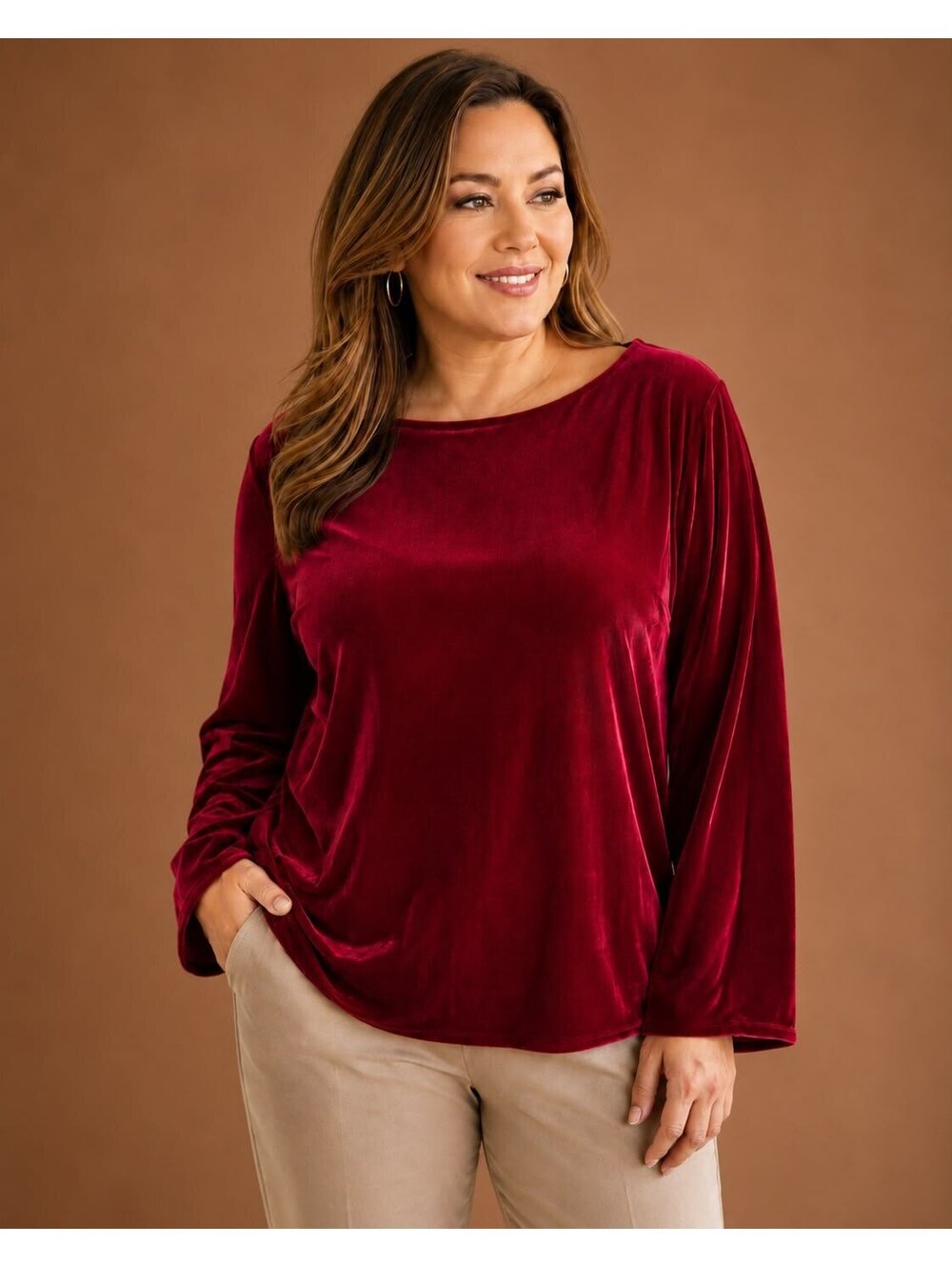 NWT Eileen Fisher Ultra XL Velvet Long Sleeve Top in Deep Red
